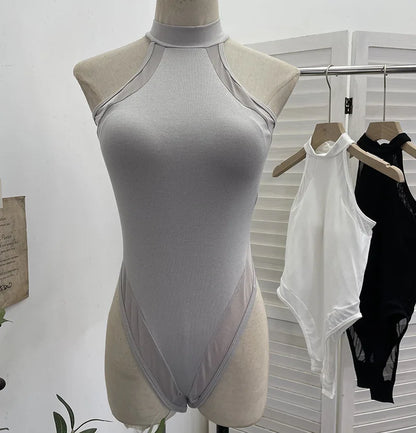 ISAROSE Summer Sexy Bodysuit for Women Stretch Braless Solid Color Back Zipper Sleeveless Basic Design Slim Halter Jumpsuit
