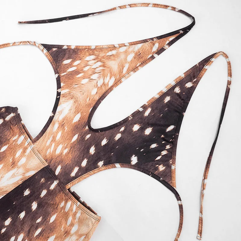 FAGADOER Deer Print Sexy Hollow Out Romper Hot Girl Bandage Halter Shorts Backless Bodycon Jumpsuits New Trendy Streetwear