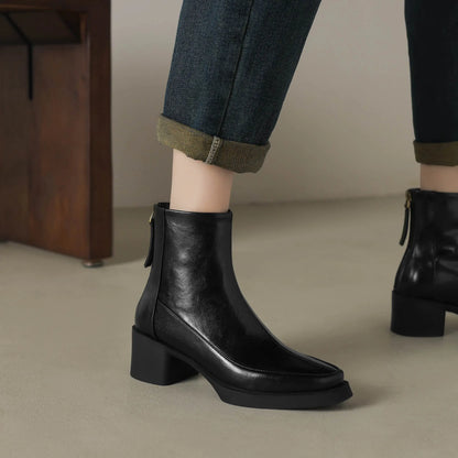 Plus Size 34-43 Cow Skin Round Toe Zipper High Heels Modern Motorcycles Boots Warm Winter Shoes Dating Retro Brand Ankle Boots