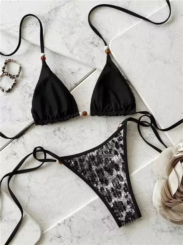 2026 Leopard Sequins Halter Strappy Bikini Women Swimwear Female Swimsuit Two-pieces Bikini Set Bather Bathing Suit Swim Lady