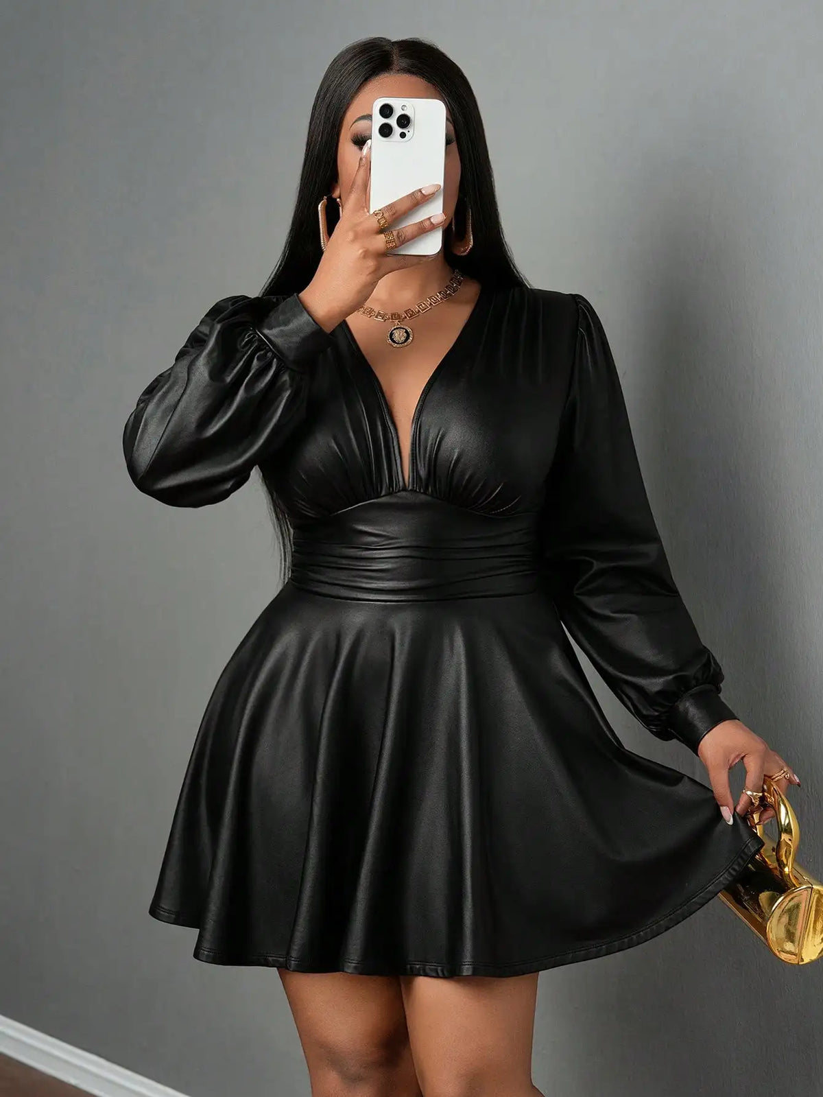 plus Size Leather Skirt for Women Deep V Neck Lantern Sleeve Waist Cinched A-Line Party Outfit Sexy Girl's Ensemble
