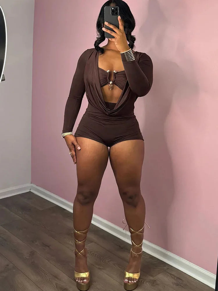 Sisterlinda Swinging Neck Playsuits Women Solid Metal Splice Cleavage Full Sleeve Stretch Sexy Slim Romers Chic Trend Clubwear