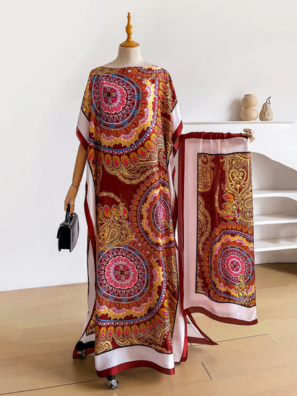Dubai Mandala Paisley Print Abaya With Matching Scarf, Boat Neck Batwing Sleeve Loose Maxi Kaftan For African Muslim Women