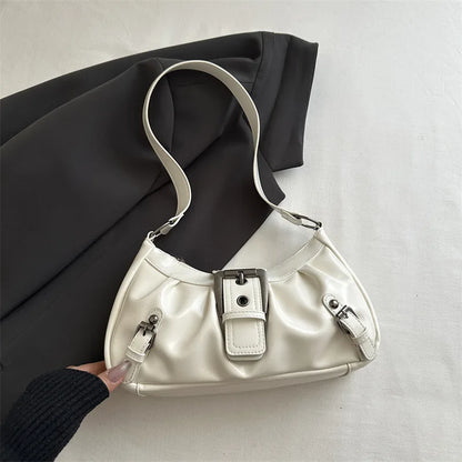 Fashion Pleated Lock Design Women's PU Shoulder Bags Simple Solid Color Ladies Underarm Bag Portable Cool Girls Phone Handbag