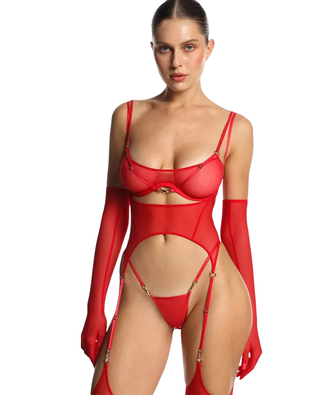 Ellolace Solid Women's Lingerie Sets Seductive See Through Bra Belt Thong 3PC with Gloves Stockings Sissy Sexy Women's Underwear