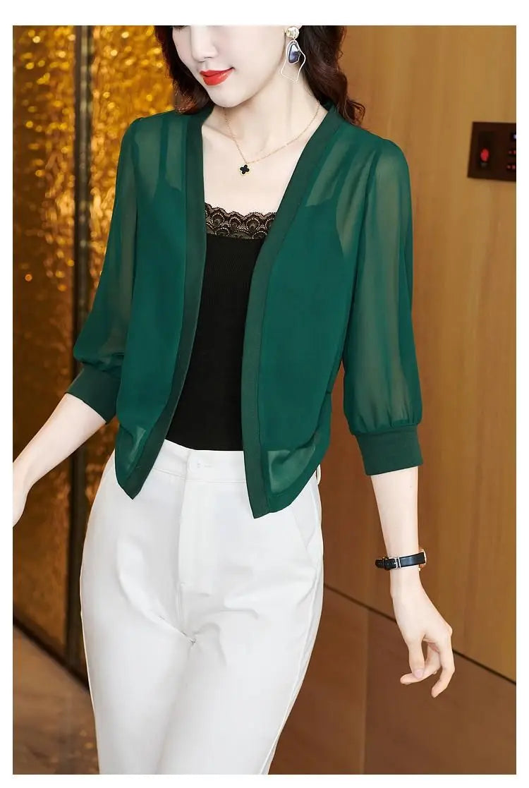 Chic Spring Summer Women Cardigan Sunscreen Chiffon Coat Shirt Vintage Thin Tops Short Jackets Design Shawl New