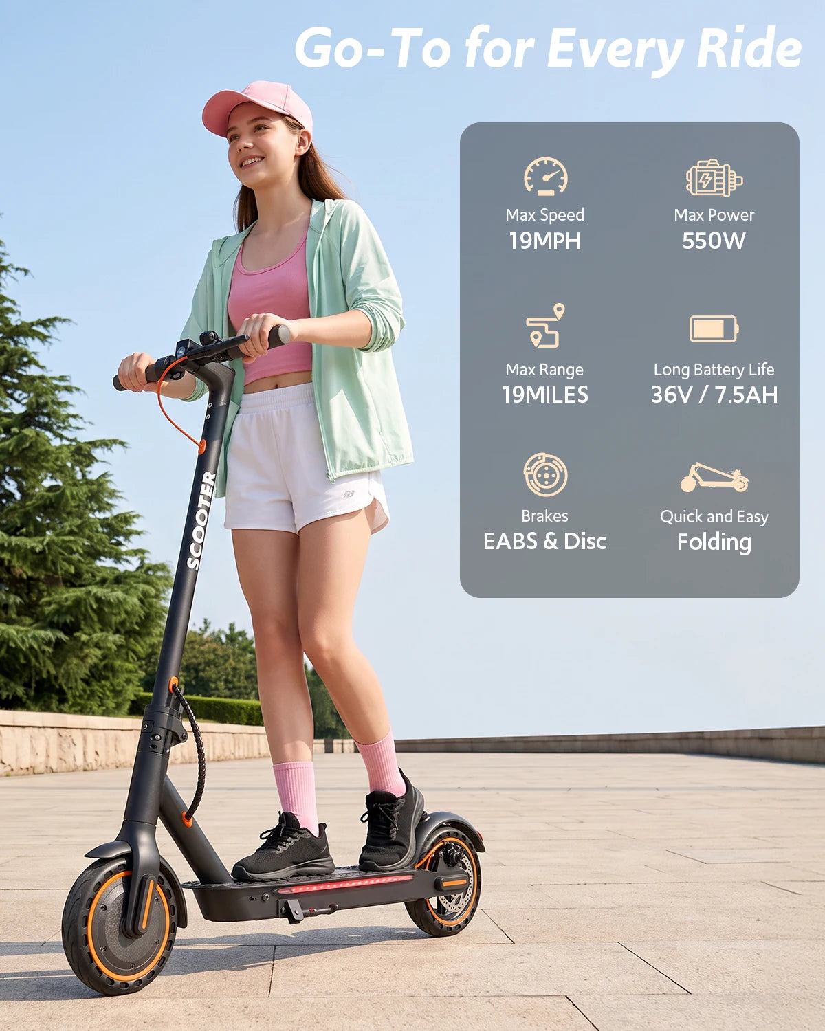 Electric Scooter for Adults, 550W Peak Motor & 19-Mile Range, 360° Lighting, Foldable E-Scooter with App Control