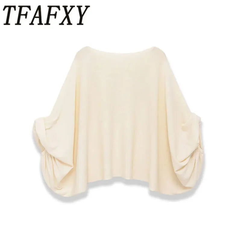 TFAFXY 2026 Spring Casual Women Knit Solid Long Sleeve Chic Beige Bat Sleeve Loose Fashion Sweater