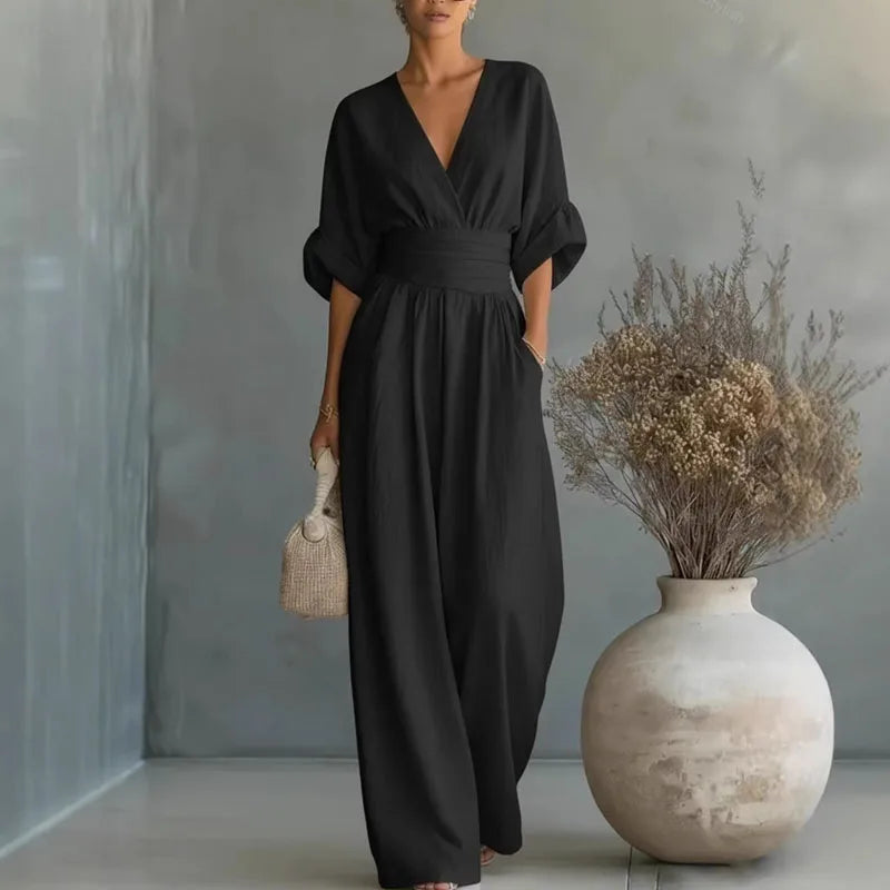 OL Style Solid High Waist Draped Jumpsuits Woman 2026 Spring V Neck Wide Leg Trousers Overalls Casual Half Sleeve Rompers Outfit