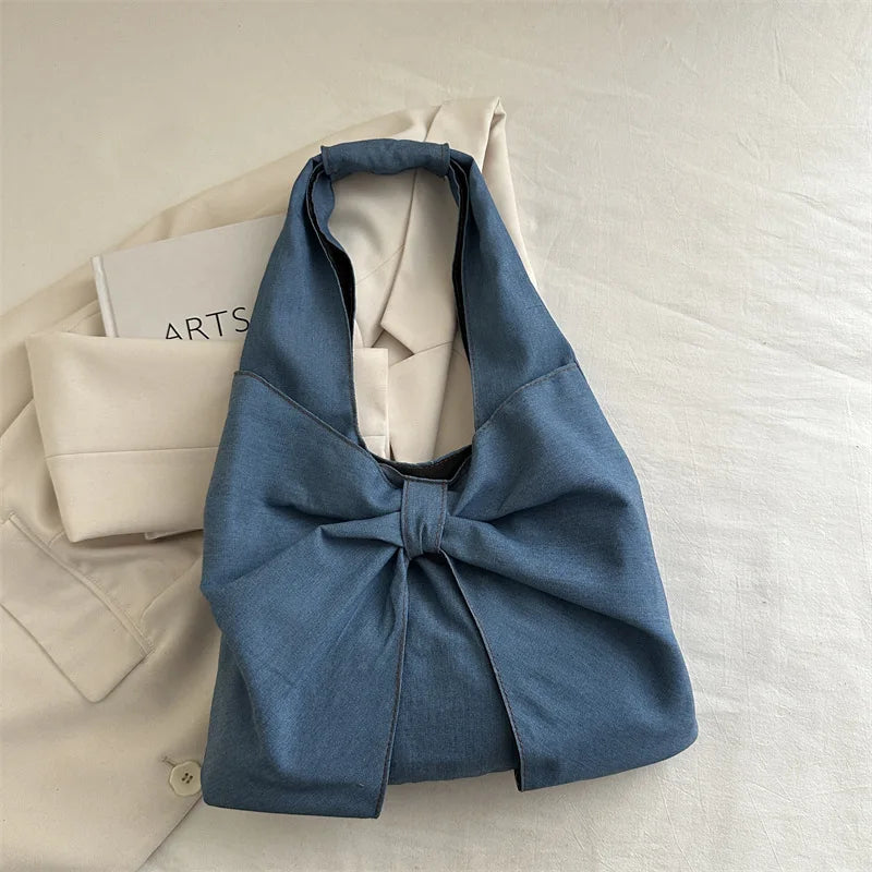 Sweet Bowknot Design Women's Denim Shoulder Bags Commuter Thread Ladies Handbags Casual Lightweight Female Underarm Tote Bag