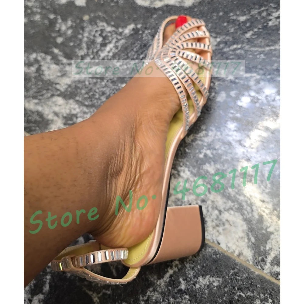 Crystal Caged Mid Block Heel Satin Sandals Women Metallic Leather Luxury Feminine Shoes Ladies Summer Ankle Strap Evening Shoes