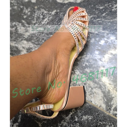 Crystal Caged Mid Block Heel Satin Sandals Women Metallic Leather Luxury Feminine Shoes Ladies Summer Ankle Strap Evening Shoes