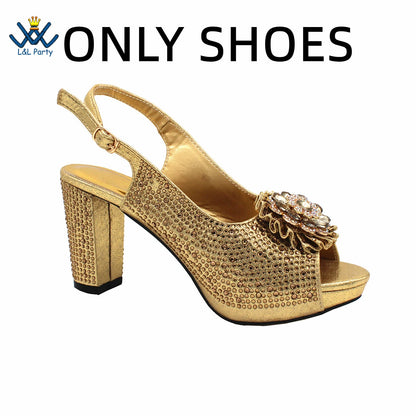 New Design Peep Toe African Spring Autumn Lady Shoes and Bag Set in Gold Color Women Sandal in Wedding