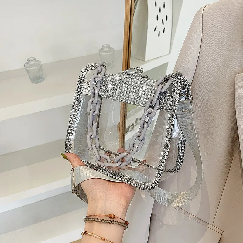 Clear Crossbody Bag for Women PVC Transparent Single Shoulder Chain Portable Messenger Bags Small Square Satchel Bag Girls Gift