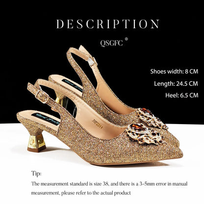 Hot Selling Elegant Noble Colorful Rhinestone Design White Color Party Wedding Pointed Toe High Heel Women Shoes and Bag Set