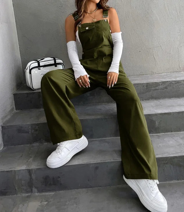 Women's Casual Bib Overalls Adjustable Shoulder Strap Pocket Wide Leg Jumpsuit Loose Straight Women Streetwear Suspender Pants