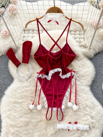 Coquette Lace Lingerie Set Sexy Mesh Bodysuit Valentines Day Sleepwear Gothic Strappy Catsuit Intimate Nightwear Romper