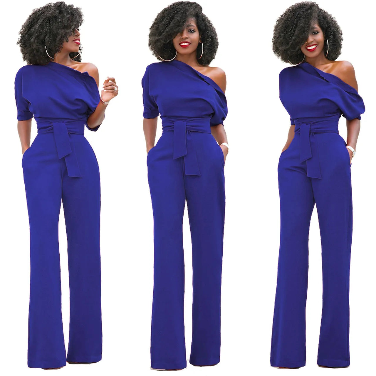 2024 Summer New Fashion Women's Jumpsuit Solid Color Slanted Shoulder Elegant Temperament Sleeveless Long Wide Leg Jumpsuit