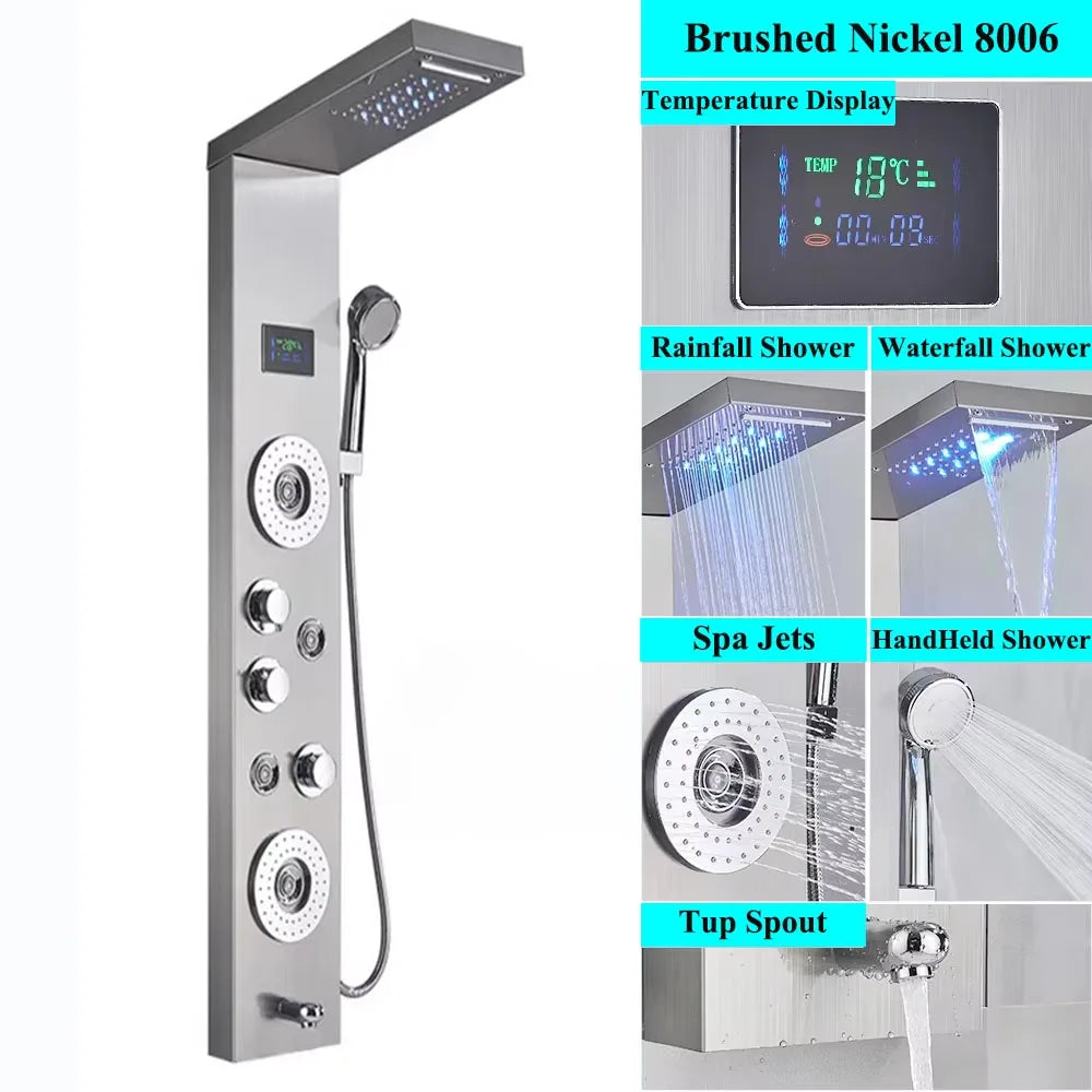 LED Shower Panel Tower System Rain Waterfall Shower Column With SPA Massage Temperature Screen athtub Water Mixer Tap Faucet Set