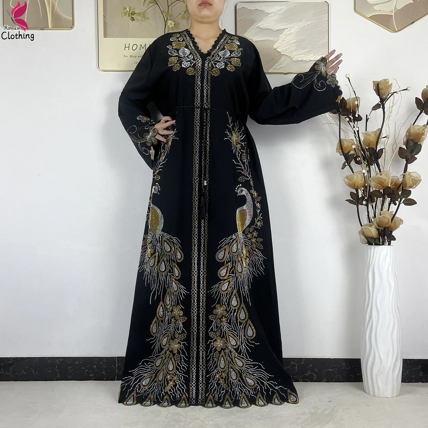 2026New Dubai Muslim Women Modest Dress Diamond Chiffon Elegant Arabic Femme Hijab African Abaya Islamic Long Sleeve Turkey Robe