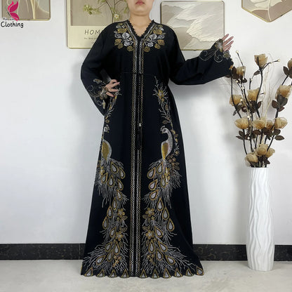 2026New Dubai Muslim Women Modest Dress Diamond Chiffon Elegant Arabic Femme Hijab African Abaya Islamic Long Sleeve Turkey Robe