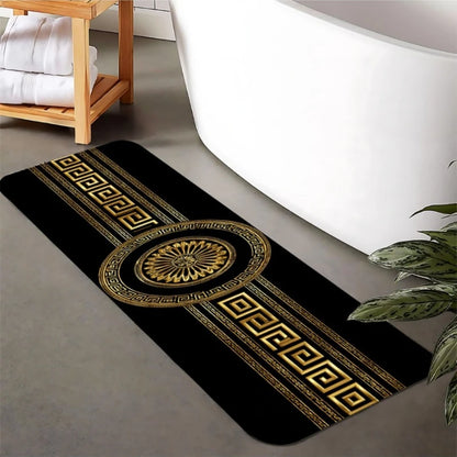 Luxury Black Gold Greek Key Print Runner Rug, Non-Slip Washable Durable Mat for Kitchen, Laundry Room, Entryway & Elegant Home