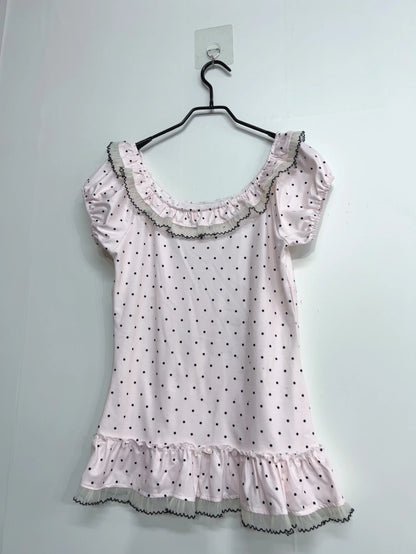 Women Summer Korean Fashion Sweet Bow Tops Vintage Cute Y2K Polka Dot Print Slim Fit Japan Lace Shirt Short Sleeve 2000s Clothes