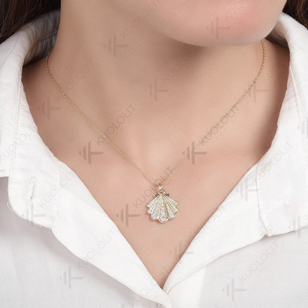 Kuololit 0.8CTW Moissanite Necklace Solid 10k 14k Yelllow Gold for Women Luxury Jewelry Shell Shape Wedding Engagement Christmas