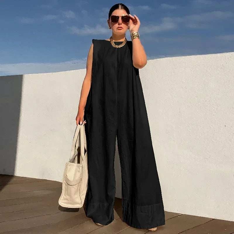 UOOZEE Women's Solid Color Wide Leg Jumpsuits 2025 New Summer Sleeveless Loose Urban Casual One-piece Outfits Streetwear Suits