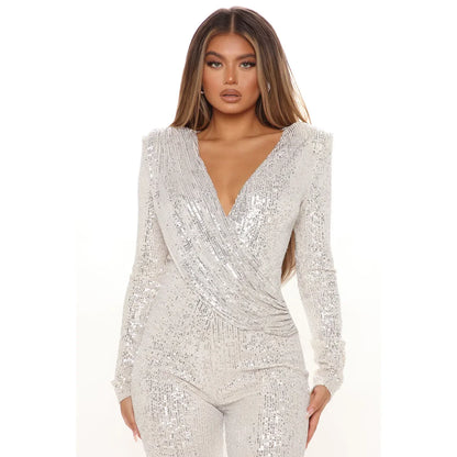 Women Jumpsuits V Neck Rompers Overalls One Piece Formal High Waist Pullover Sexy Sequins Solid Full Length Spring 2024
