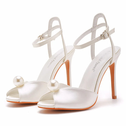 10cm High Heeled Sandals Luxury White Satin Cloth Fish Mouth Women's Shoes Banquet Wedding Dress Bridal Shoes Female