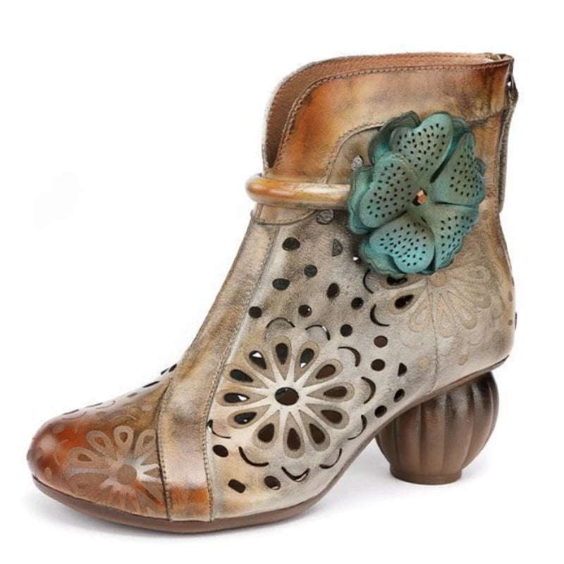 Myjyjz 6cm Genuine Leather Chunky Heels Hollow Women Shoes Ethnic Ankle Boots Zip Summer Pumps Flower Sandals (Size Runs Small）