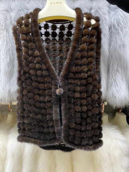 Ms.MinShu Autumn Waistcoat Natural Mink Fur Balls Gilet Sleeveless Hand Made Real Mink Fur Vest