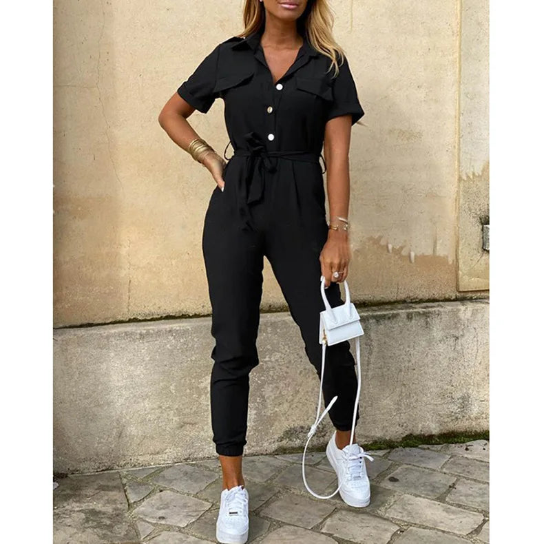 2025 New Women's Jumpsuit Casual Workwear Summer Romper with Print Button-up Lapel Waist Belt Slim Fit One Piece Pants Set Fashi