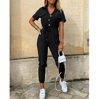2025 New Women's Jumpsuit Casual Workwear Summer Romper with Print Button-up Lapel Waist Belt Slim Fit One Piece Pants Set Fashi
