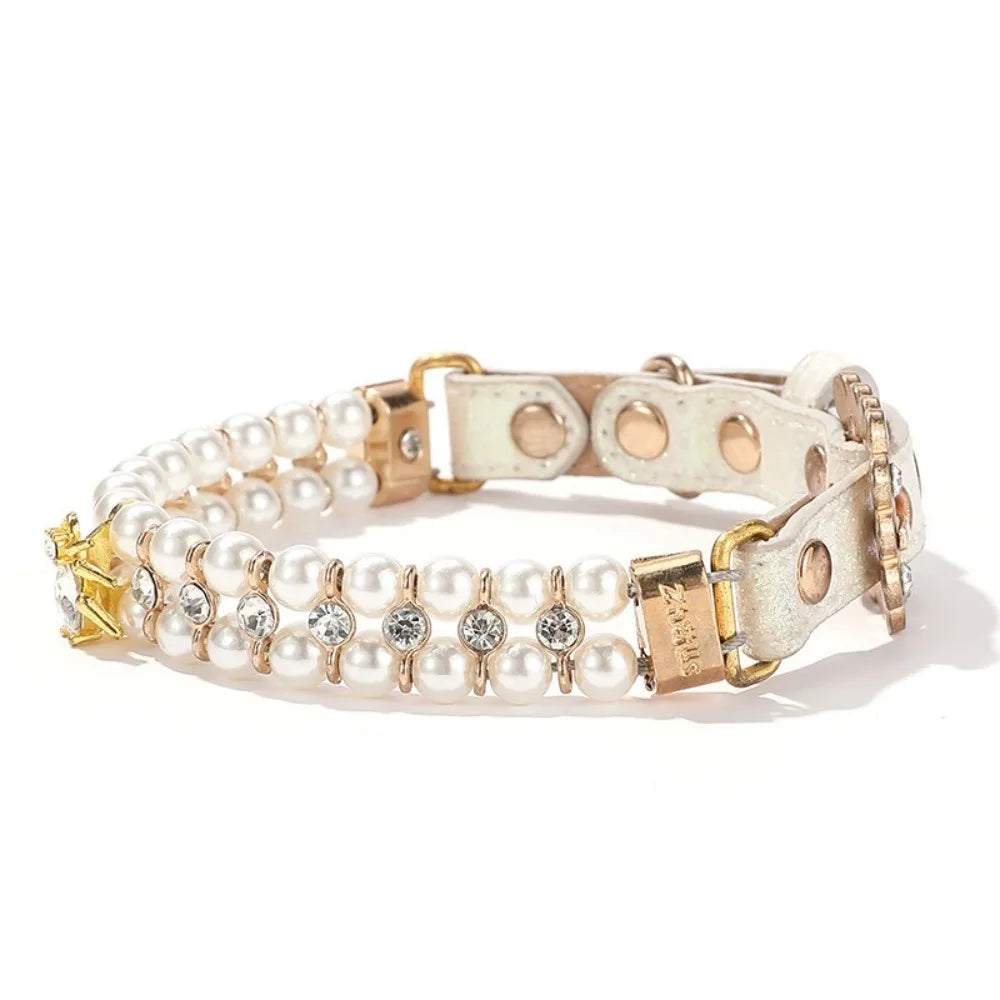 Adjustable Dog Cat Pearl Collars Rhinestone Bling Crystal Cat Necklace Luxury Jewelry PU Neck Strap for Small Dogs for Kitten