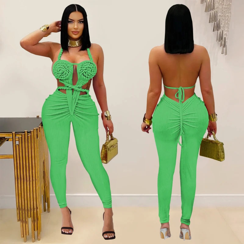 Trenty Sexy Women Halter Neck Knit Ribbed Ruched Stacked Jumpsuits Summer Vacation Beach Romper Playsuit One Piece Set Outfits