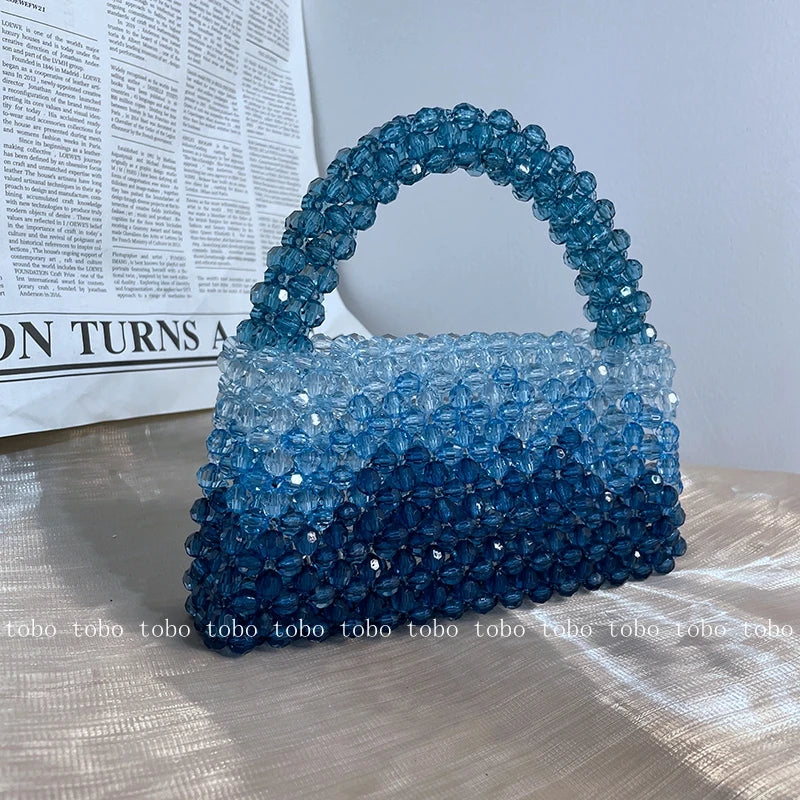 Gradient Blue Beaded Own Design Tote Bags for Women Customized Color Fashion Handbags for 2022 Chain Handle Clutch Evening Bag