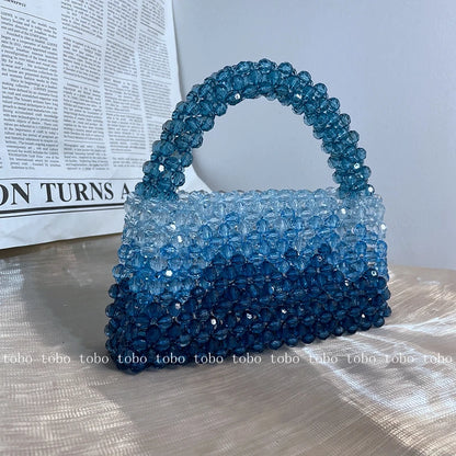 Gradient Blue Beaded Own Design Tote Bags for Women Customized Color Fashion Handbags for 2022 Chain Handle Clutch Evening Bag
