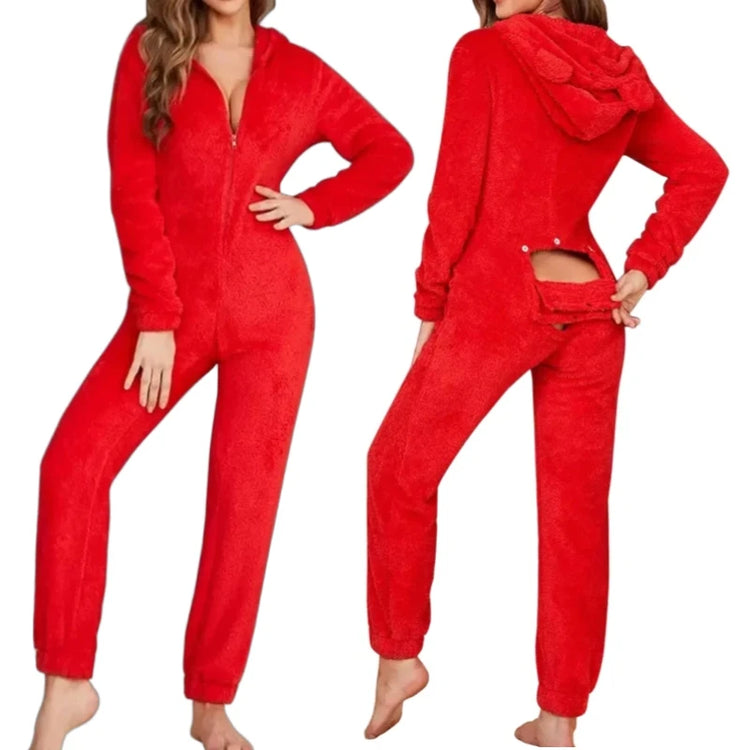 Christmas Women Red Fleece One Piece Loungewear Hooded Jumpsuit Winter Sleepwear Sexy Butt Button Back Flap Home Clothing