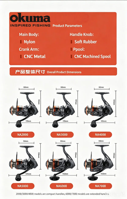 Okuma Spinning Reel Model 3+1 Ball Bearings 5.2:1 Ratio Corrosion Resistant Body Large Adjustment Drag Knob Fishing Wheel
