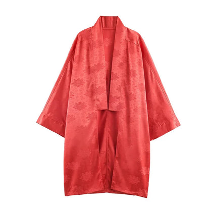 Jacquard Satin Fringe Three Piece Set Kimono Long Open Coat Wrap V Neck Top Fringe Trousers 2026 Summer Resort Lady Elegant Suit