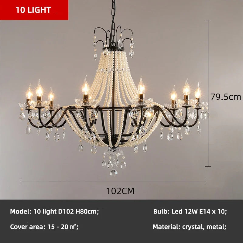 French Candle E14 Led Chandelier Villa Stairs Pearl Crystal Led Pendant Lights Hotel Art Decor Suspend Light Led Luminarias