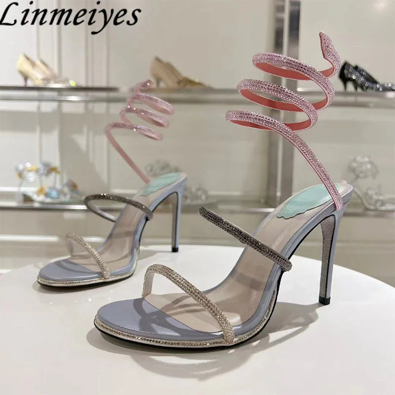 Summer Crystal Gladiator Sandals Women Rhinestone Twine Around Ankle Snake Wedding Shoes High Heels Sandals Woman
