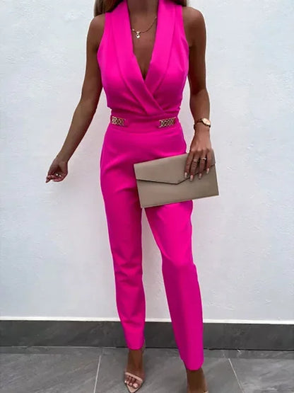 Women Summer Jumpsuit Backless V Neck Solid Zipper Off Shoulder Sleeveless Overalls With Pockets Casual Slim Long Rompers Female