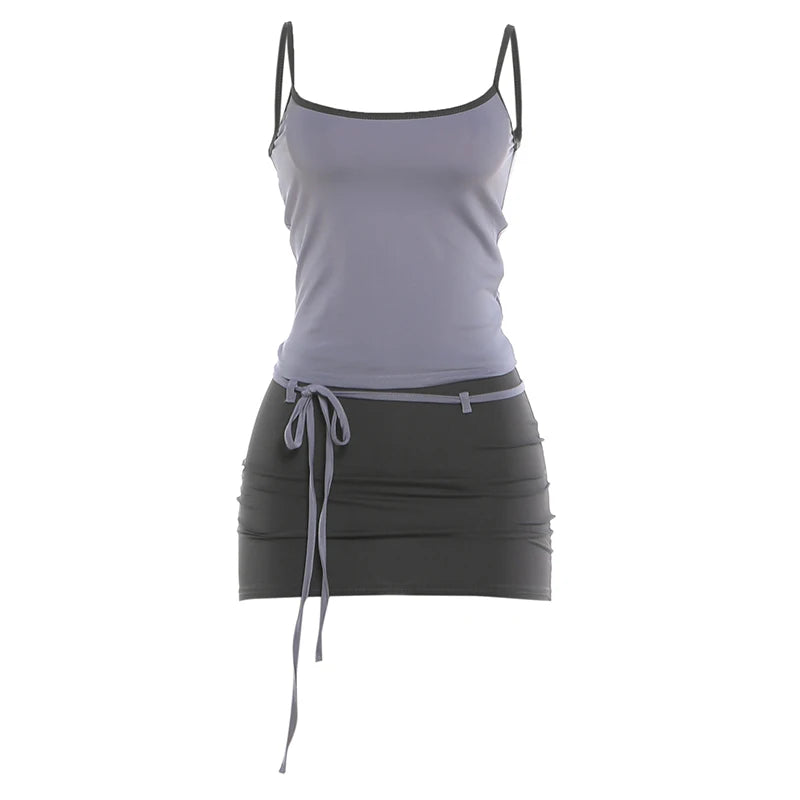 Kliou Contrast Patchwork 2 Piece Set Woman Summer Trend Low-Neck Backless Camisole Tops+Bandage Tassel Mini Skirt Y2K Style Suit
