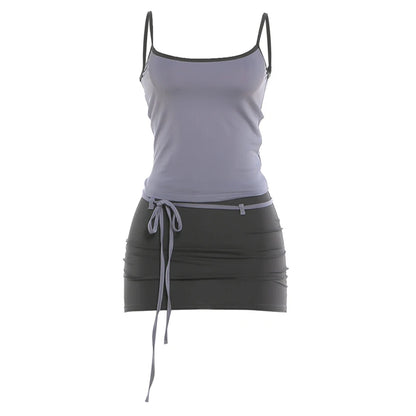 Kliou Contrast Patchwork 2 Piece Set Woman Summer Trend Low-Neck Backless Camisole Tops+Bandage Tassel Mini Skirt Y2K Style Suit