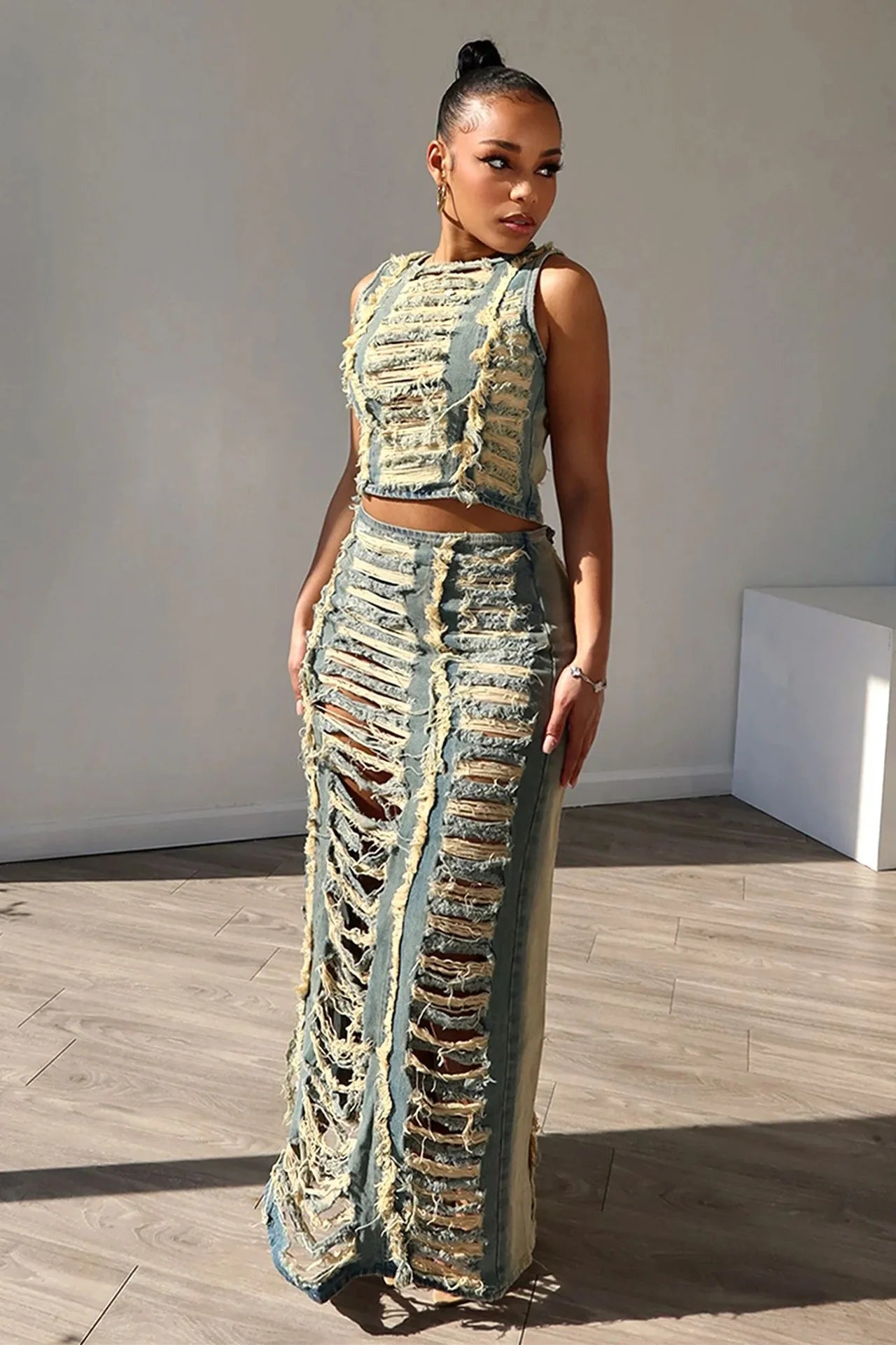Hollow Out Jeans Skirt Outfit Set Sexy Women Elegant Two Pieces Denim Club Matching Set Top+Long Skirt