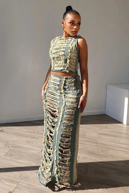 Hollow Out Jeans Skirt Outfit Set Sexy Women Elegant Two Pieces Denim Club Matching Set Top+Long Skirt