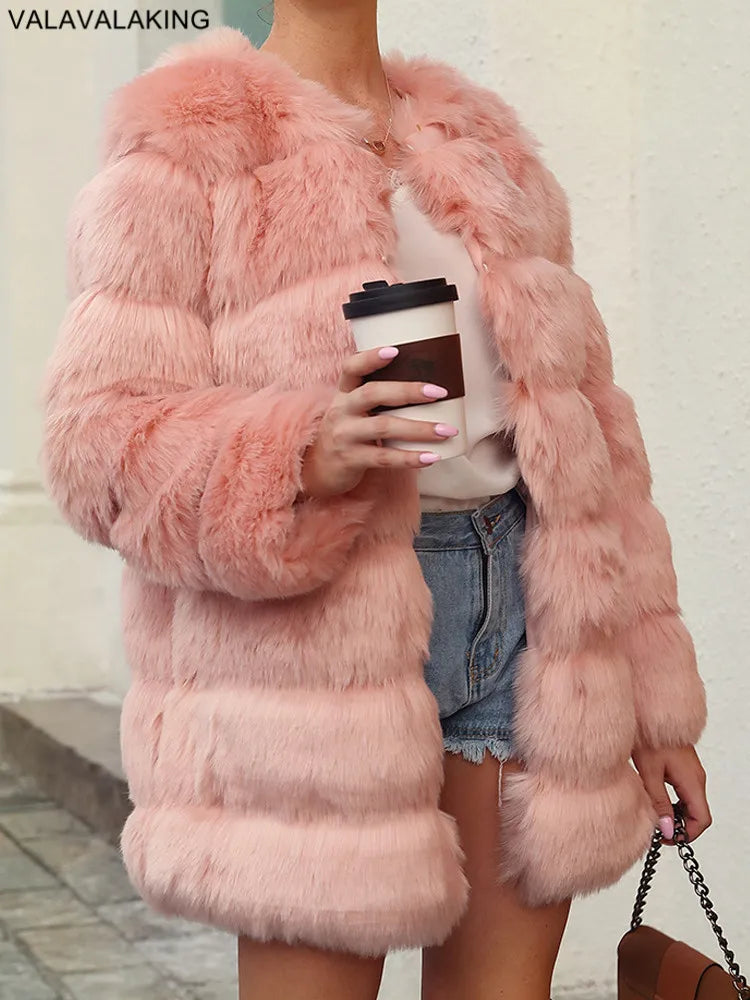 2026 Winter Long Sleeve Faux Fur Long Coat Women Elegant Pink Fluffy Outwear Jacket Lady Solid Casual Thick Warm Furry Outwear